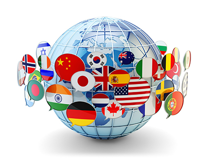 Graphic of a globe with dialog balloons featuring country flags.