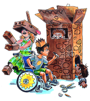 Illustration of four children playing with cardboard boxes.