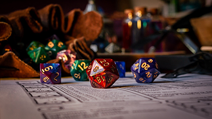 Multi-sided dice on a table.