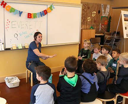 Parks staff member leading an activity at a birthday party.