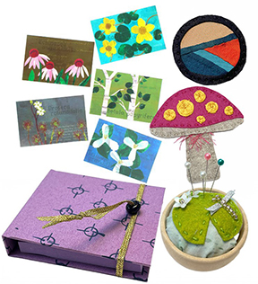 A collage of online art projects, including a wrapped book and notecards.