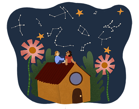 Illustration of two kids sitting on a building under the stars.