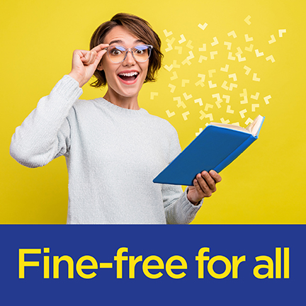 Woman with a surprised look on her face, holding an open book in one hand and her glasses in the other.