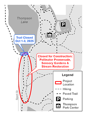 Project map showing the promenade south of Thompson Lake., including trail closure.