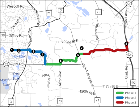 Veterans Memorial Greenway project map. with locations of memorial nodes