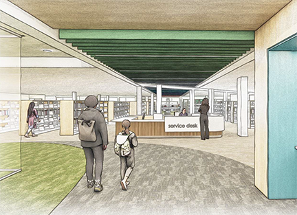 Artist rendering of renovated entry area of Burnhaven Library.