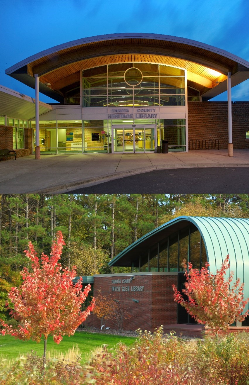 Combined images of the exterior of Inver Glen Library and Heritage Library.