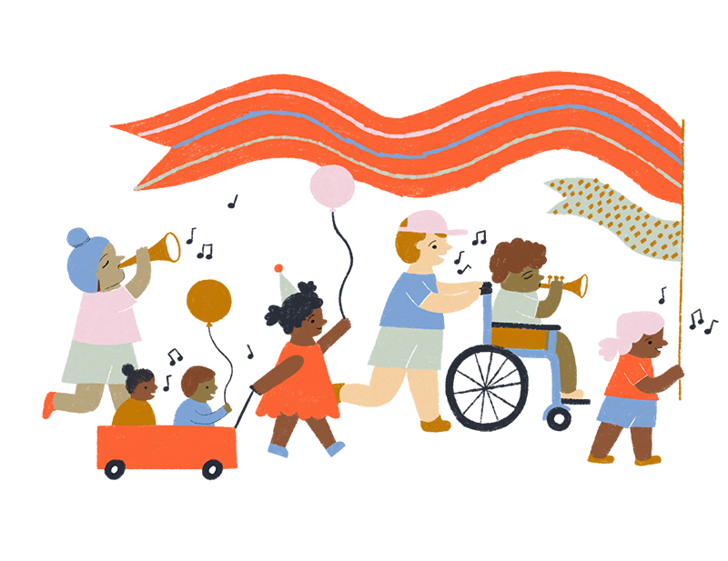 Illustration of kids playing musical instruments while in a parade.
