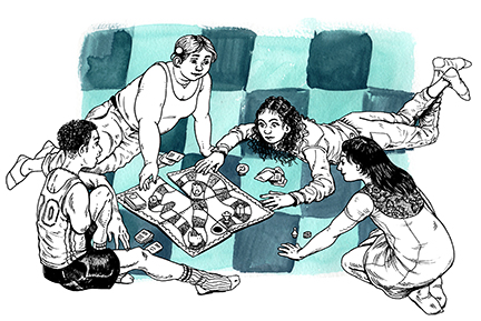 Illustration of four teens playing a board game.