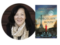 Author Janie Chang and book cover of "The Porcelain Moon."