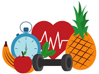 Icons of fruit, stopwatch, weights and heart