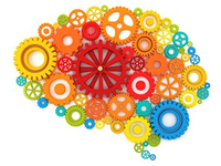 Illustration of a human brain made of various sizes and colors of cogs.