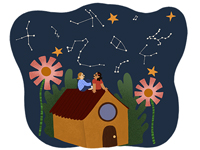 Illustration of two kids sitting on a building under the stars.