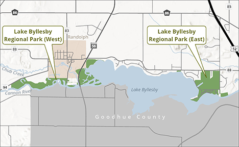 Full map of Lake Byllesby Park showing east and west regions.