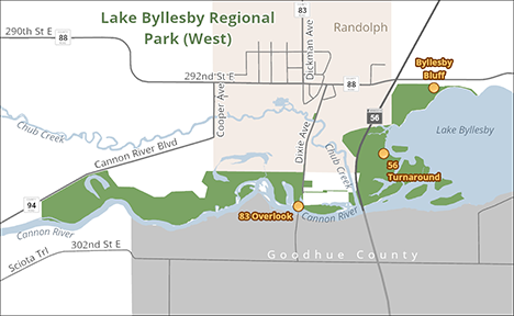 Map of west region of Lake Byllesby Park showing overlook, turnaround and bluff locations.