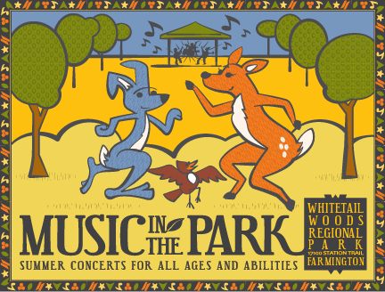 Illustration of a rabbit, deer and bird dancing. Text says "Music in the Park: Summer Concerts for All Ages and Abilities."