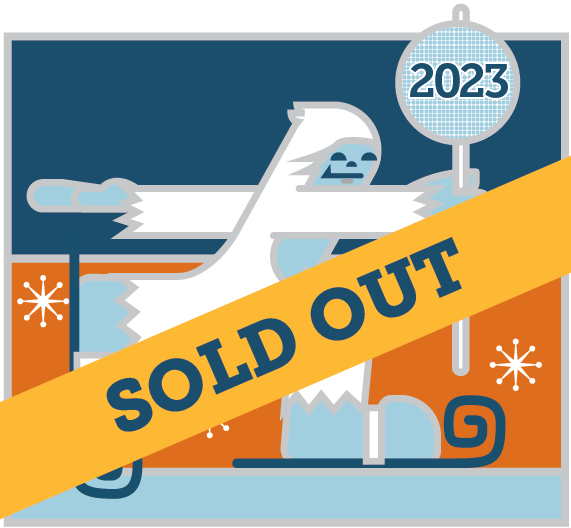 Illustration of a yeti snowshoeing and holding a disco ball. Banner says event is sold out.