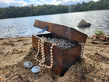 Treasure chest with pearls and coins in the sand by a lake.