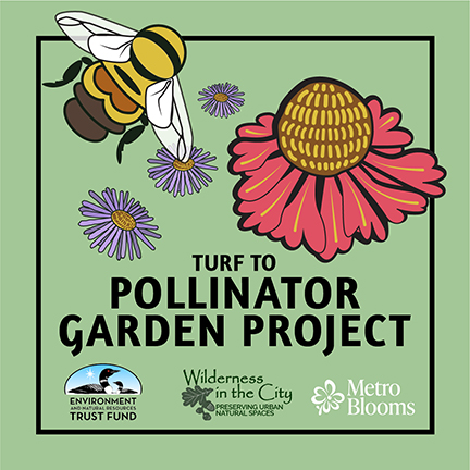 Illustration of bee and flower with text "Turf to Pollinator Garden Project" on bottom. 