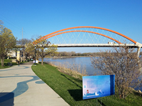 Hastings story trail with the Hastings bridge in the background.
